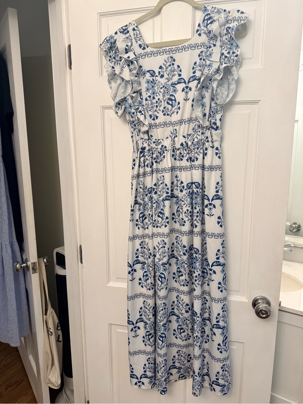Blue and White Floral Ruffle-Sleeve Maxi Dress